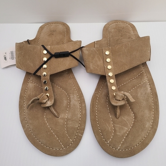 ZARA FLAT SPLIT SUEDE SLIDER SANDALS WITH STUDS Beige SIZE 10 | 1631/110/102 - Picture 5 of 9